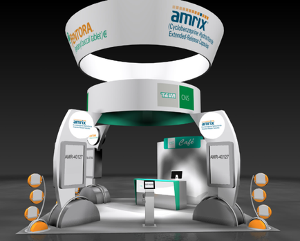 A 3D rendering of a trade show booth design. The booth is white with a green and orange color scheme. The top of the booth has a large circular banner with the word "amrix" written in bold letters. Below the banner there is a smaller banner that reads "mentor" in orange letters. The booth is divided into two sections with the left section on the left side and the right section in the middle. The left section has a desk with a computer monitor and a keyboard and the desk is located in front of it. The right section has two large screens on either side of the desk displaying information about the company's products. There are also two smaller screens on the right and left sides of the booths which are displaying the company name and contact information. The booths are arranged in a semi-circular pattern with orange circles on the sides. The background is black making the booth stand out.