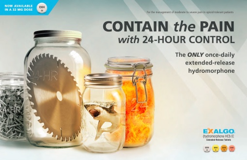 Three glass jars with lids one of which has a circular saw blade on it. The jar on the left has a label that reads "24-hour control" and the other two jars on the right have labels that read "The only once-daily extended-release hydromorphone". The background is white and there is a blue banner at the top with the text "Contain the pain with 24-hour controls". Below the banner there is text that says "Now available in a 32-hour dose". The image also has a logo for Exalgo a company that provides hydromorphone.