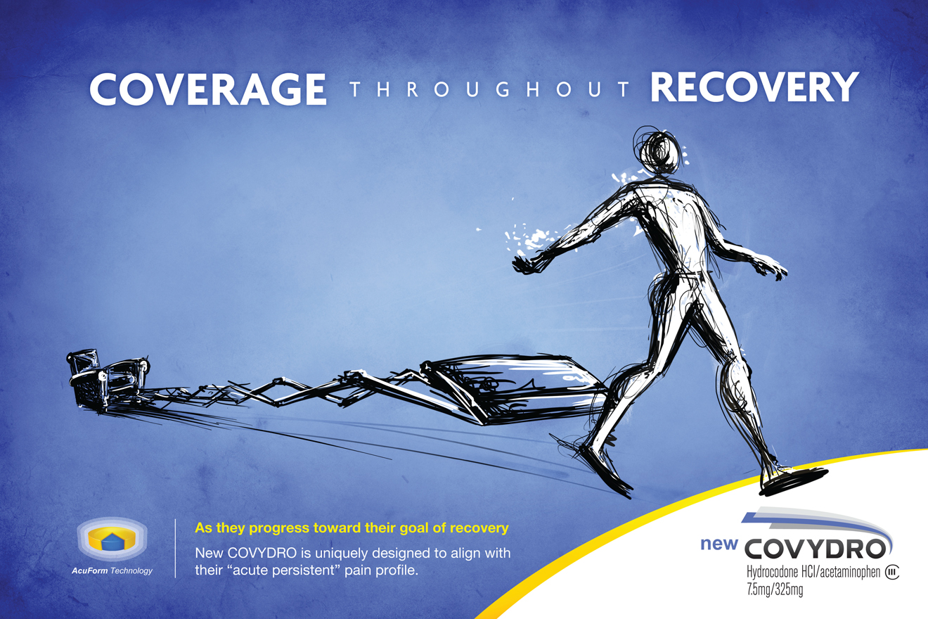 An advertisement for New Covydro a company that provides coverage throughout recovery. The background is a gradient of blue and yellow with the company's logo in the top left corner. In the center of the image there is a black and white illustration of a man running towards a car that is lying on its side. The man appears to be in motion with his arms and legs stretched out and his head tilted back. The car is tilted slightly to the side as if it is about to take off. The text above the illustration reads "Coverage throughout recovery" and below the illustration it reads "As they progress toward their goal of recovery" in white letters. The company's name is written in smaller white letters at the bottom right corner.