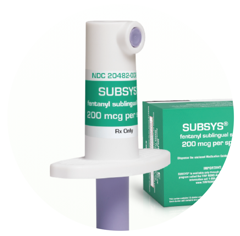 A white tube with a purple cap and a green box. The tube is labeled "Subsys Fentanyl Sublingual 200 mcg per spray" and has a label that reads "NDC 204882-00". The box is rectangular in shape and has the same label as the tube. The background is white and the tube and box are placed side by side.