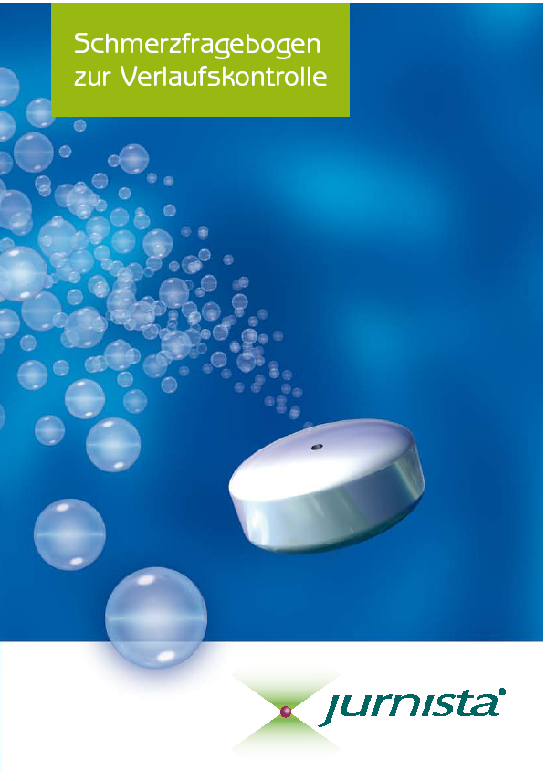 A cover of a book titled "Schmerzfragebogen zur Verlaufskontrolle" which translates to "How to use a soap dispenser" in English. The background is a bright blue color and there are several bubbles floating around the cover. On the right side of the cover there is a white soap dish with a silver lid. The soap dish appears to be floating in the air. The title of the book is written in white text at the top of the image.