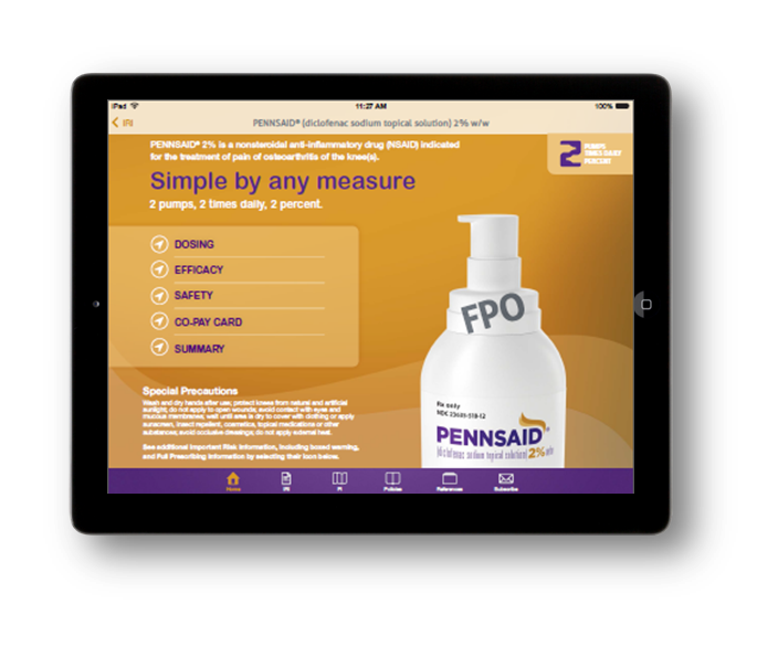 A screenshot of an iPad screen displaying the homepage of a website called "Pennsaid". The website has an orange background with white text. On the right side of the screen there is a picture of a white bottle of Pennsaid FPO hand sanitizer with the word "FPO" written on it. Below the bottle there are several options for the website including "Simple by any measure" "Dosing" "Efficiency" "Safety" "Co-Pay Card" "Summary" and "Special Procedures". <br /><br />At the top of the page the website's logo is displayed in blue and orange colors. The website's title is written in bold white letters at the top followed by a brief description of the product and its benefits. Below that the user's name and contact information are written in smaller white letters. The overall design of the website is modern and minimalistic.