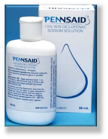 A white bottle of Pennsaid 1.5% W/W Diclofenac Sodium Solution. The bottle is 60ml in size and has a white cap. The label on the bottle is blue and white with the Pennsaid logo and the product name in bold black letters. Next to the bottle there is a white box with the same logo and product name. The box also has a blue water droplet design on it. The background is a solid blue color.