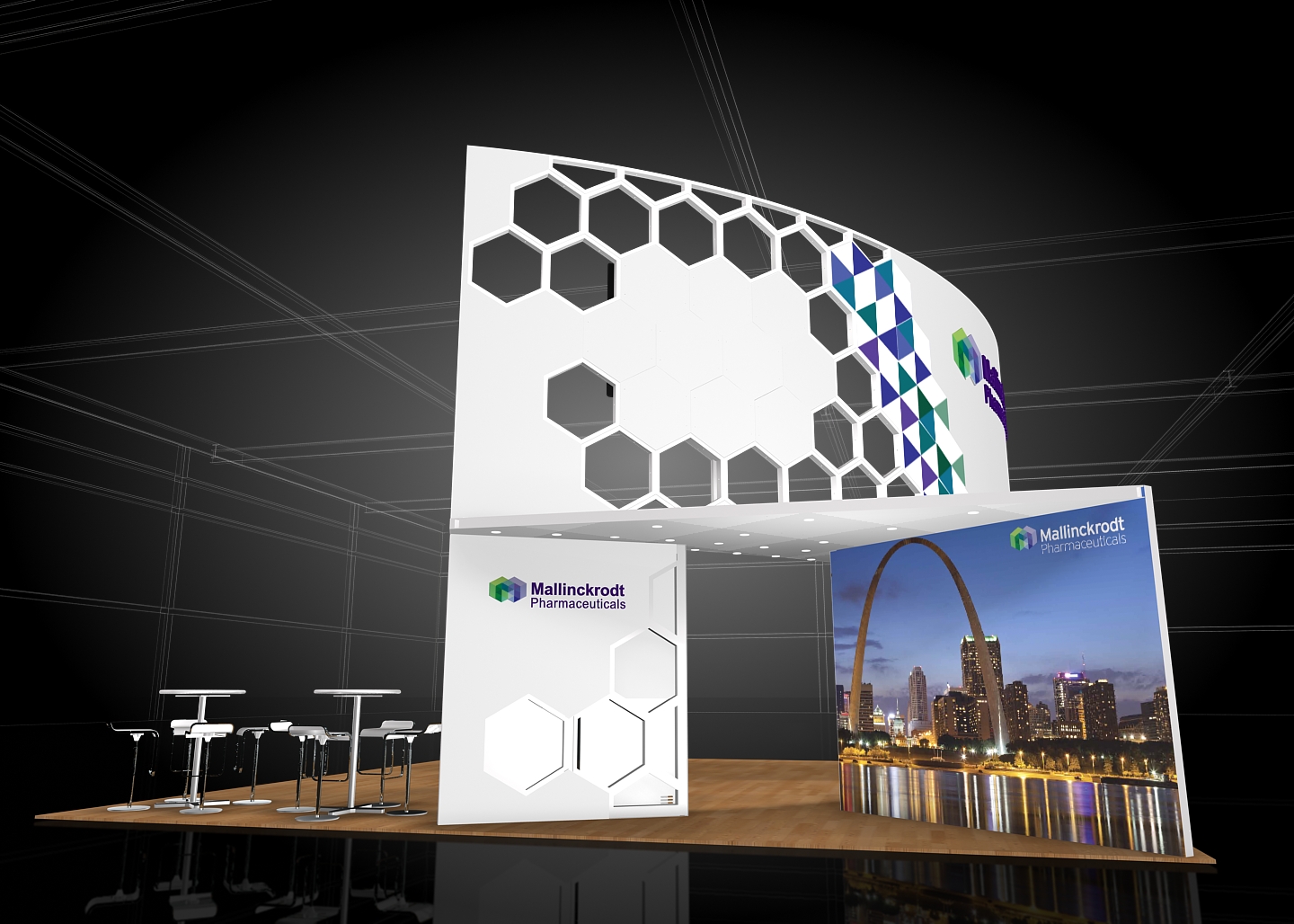 A trade show booth with a modern design. The booth has a white background with a geometric pattern of hexagons in different colors. The hexagons are arranged in a way that creates a sense of depth and dimension. On the right side of the booth there is a large banner with a photo of a city skyline at night. The banner also has the logo of a company called "Mallorca" and the company's name in bold letters. There are also several white bar stools on the booth. The overall design is sleek and contemporary with a focus on the hexagons and the city skyline.