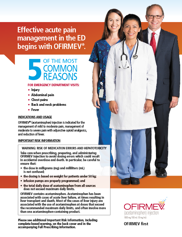 An infographic that explains how effective acute pain management in the ED begins with OFIRMEV. It features three people two women and a man standing side by side and smiling at the camera. The woman on the left is wearing a blue scrub suit and the woman in the middle is wearing white lab coats and a stethoscope around her neck. The man on the right is also wearing a suit and tie. The background is orange and there is text on the top and bottom of the image that reads "5 of the most common reasons for emergency department visits: Inflammatory pain back pain and neck problems." The infographic also includes information about the risks associated with the ED such as increased risk of medication errors and Hepatitis C.