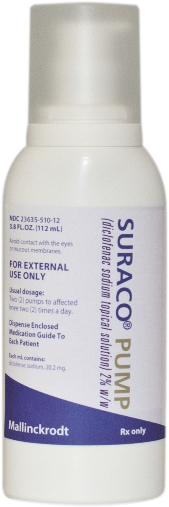 Of a white plastic bottle with a blue label. The label has the brand name "SURACO PUMP" written in bold black letters at the top followed by the product name "Mallinckrodt" in smaller black letters. Below that there is a description of the product which states that it is for external use only. The bottle has a capacity of 3.8 fl. oz. (112 ml). The label also mentions that the product is used to dispense enclosed medication to each patient. At the bottom of the label it says "Rx only".