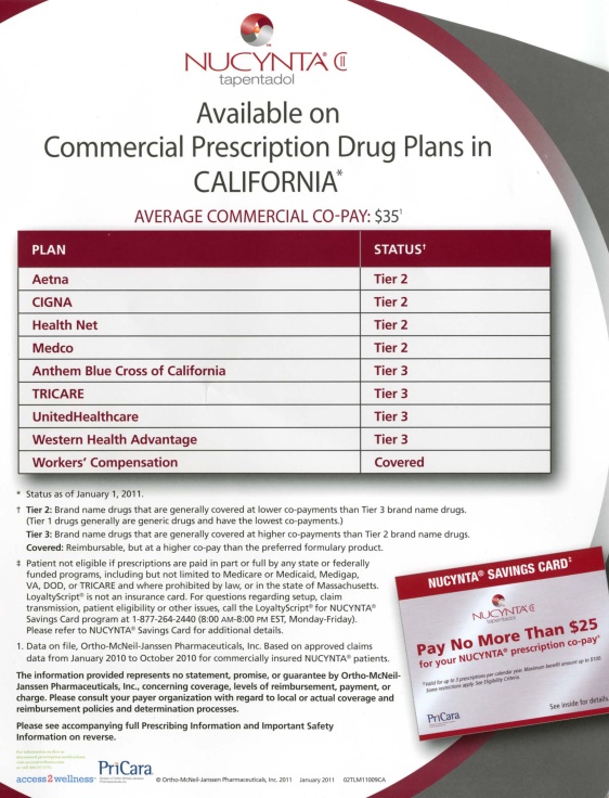 A brochure or flyer for a commercial prescription drug plan in California. The brochure is titled "Available on Commercial Prescription Drug Plans in California" and has a red and white color scheme. The title of the brochure has the company's logo at the top which is a red circle with the word "NUCYNTA" written in white. Below the logo there is a table with three columns - Plan Status and Pay No More Than $25. The table is divided into three sections - Plan 1 Status 2 and Status 3. <br /><br />The Plan section has a list of different types of prescription drugs available in California including Aetna Cigna Health Net Medico Anthem Blue Cross of California Tricare UnitedHealthcare Western Health Advantage Workers Compensation and Workers Compensation. There is also a note at the bottom right corner that says "Pay No More than $25".