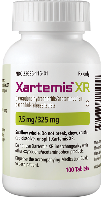 A photograph of a white medicine bottle with a green label. The label reads "Xartemis XR Oxycodone hydrochloride/acetaminophen extended-release tablets" and "7.5 mg/325 mg". Below the label there is a description of the product which states that it is a swallow-whole do not break chew crush cut dissolve or split Xartemis XR. The bottle has a white cap and a barcode on the right side. The background is plain white.