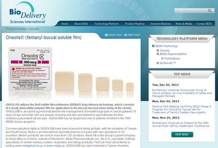 A screenshot of the homepage of the BioDelivery Sciences International website. The website has a blue and white color scheme with the company's logo at the top. Below the logo there is a navigation bar with links to different sections of the website. On the left side of the page there are three images of consoles (fentanyl buccal soluble film) tablets. The tablets are arranged in a grid-like pattern with each tablet having a different color and size. The first image on the top left shows the tablet with a label that reads "consoles" and the second image shows a list of the tablets. The third image in the center shows the top news section of the webpage which includes the date time and location of the news article. The article mentions that the tablets are available for purchase at a discounted price of 400mg/ml and that they are available in the United States. The page also mentions that there are no other products or services available at the company.