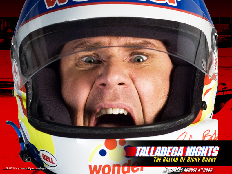 A close-up of a man's face Ricky Bobby from the movie Talladega Nights. He is a race car driver wearing a helmet with the Wonder Bread logo on it. The helmet is white with red and blue stripes and the words. The man's mouth is open wide and his eyes are wide open as if he is shouting in fear. The background is red. The image is likely a promotional poster for the movie.