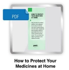 A cover page of a PDF document titled "How to Protect Your Medicines at Home". The cover page is rectangular in shape and has a white background. On the left side of the cover page there is a blue PDF file icon. The title of the document is written in bold black font and is centered on the page. Below the title there are two bullet points that explain how to protect your medicines at home. The first bullet point explains that the document can be downloaded as a PDF file. The second bullet point provides instructions on how to use the document to protect the home from viruses bacteria and other allergens. The text is in black font on a light green background.