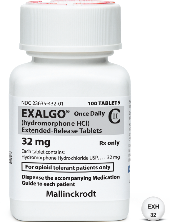 A photograph of a white medicine bottle with a red cap. The bottle is labeled "Exalgo Once Daily (Hydromorphone HCI) Extended-Release Tablets" and has a label that reads "32 mg". The label also mentions that the bottle contains Rx only for opioid tolerant patients only. There is also a label on the bottom right corner of the bottle that says "Exh 32". The bottle appears to be new and unused.