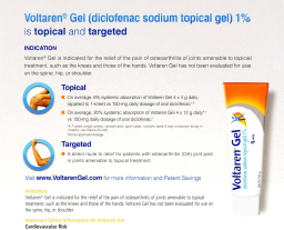 An advertisement for Voltaren Gel (diclofenac sodium topical gel) which is topical and targeted. The advertisement is divided into three sections.<br /><br />The first section is titled "Voltaren Gel" and has a blue background with white text. It states that the gel is 1% topical and is targeted for the use of the pain of the joints. The second section has an image of a hand holding the gel indicating that it is a topical treatment. The third section has a description of the product which states that it has not been evaluated for any potential risks. The text also mentions that the product is available for purchase at www.voltarengel.com for more information and patient savings.