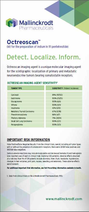 An infographic titled "Octroscan® - Detect. Localize. Inform. Octroscan Imaging Agent Sensitivity". It has a white background with a green and blue geometric pattern on the top left corner. The title of the infographic is written in bold black font at the top of the page. Below the title there is a table with three columns. The first column is titled "Important Risk Information" and lists the risks associated with the imaging agent. The second column has a list of potential risks such as "Tumor Type" "Sensitivity" and "Patient Incidence". The third column has information about the potential risks and the potential benefits of using the agent. At the bottom of the image there are links to the website "www.mallincrodt.com".