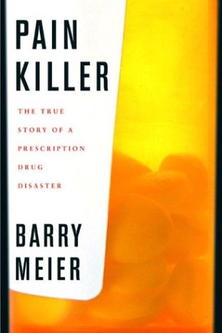 The cover of a book titled "Pain Killer: The True Story of a Prescription Drug Disaster" by Barry Meier. The cover is predominantly white with black text. The title is written in large bold font at the top of the cover. Below the title there is a smaller text that reads "The true story of a prescription drug disaster" in smaller black font. The author's name Barry Meier is written at the bottom in smaller font.<br /><br />The background of the image is a gradient of orange and yellow with a close-up of a bottle of pills on the right side. The pills are arranged in a way that they are spilling out of the bottle. The bottle appears to be made of glass and has a white cap. The overall color scheme is bright and vibrant with the orange pills standing out against the yellow background.