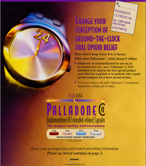 An advertisement for Palladone a pharmaceutical company. The advertisement features a close-up of a wristwatch with the number 24 on it. The watch has a gold-colored case and a black strap. The background is a gradient of orange and yellow with the text "Change your perception of around-the-clock oral opioid relief" in bold white letters at the top. Below the watch there is a text that reads "Palladone" in smaller white letters. <br /><br />At the bottom of the advertisement there are two buttons - "Please read accompanying professional prescribing information" and "Please see boxed warning on page 2." The text also mentions that the product is a hydromorphone-extended-release capsules.