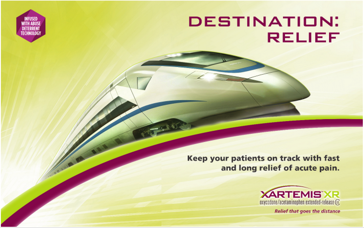 An advertisement for Xartemis XR a company that provides relief for patients on track with fast and long relief of acute pain. The background of the image is a gradient of yellow and green with a train in the center. The train is white with blue stripes and has a sleek design. The text on the image reads "Destination: Relief" in bold black letters. Below the train there is a smaller text that reads "Keep your patients on tracks with fast & long relief" in smaller white letters. The company's logo is also visible in the top left corner. The overall design of the advertisement is modern and eye-catching.