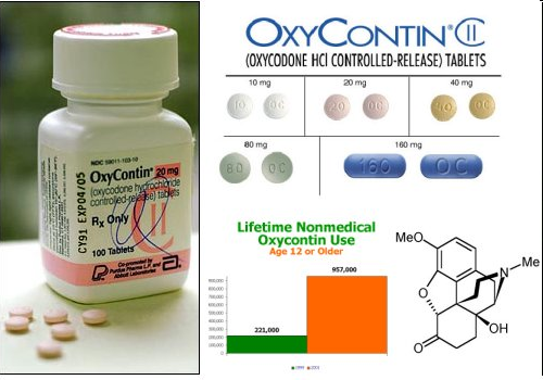 An advertisement for OxyContin. On the left side there is a white bottle of OxyContin (Oxycodone HCI Controlled-Release Tablets) with a pink label. The label has the brand name "OxyContin" written in bold black letters at the top followed by "100 Tablets" in smaller black letters. Below the label there are several pink pills on the same surface as the bottle. <br /><br />On the right side of the image there is the OxyContin logo with different dosages pictured below it. It also shows a bar graph titled "Lifetime Nonmedical Oxycontin use Age 12 or older" and a chemical symbol.