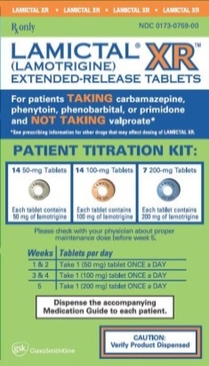 An advertisement for Lamictal XR (Lamotrigine Extended-Release Tablets) for patients taking carbamazepine phenytoin phenobarbital or primidone. The advertisement is for a patient titration kit. The background of the image is green and the text is in white. The text is divided into three sections.<br /><br />The first section is titled "Patient Titration Kit" and it states that the kit contains 14 50-mg tablets. The second section has a list of the tablets each with a different dosage. The third section has an image of a tablet with a label that reads "Each tablet contains 200 mg of lamotrigine". The fourth section has information about the kit including the dosage dosage and instructions on how to dispense the medication. The fifth section has instructions on "Dispense the accompanying medication guide to each patient."<br /><br />At the bottom of the advertisement there is a caution label that says "Caution: Verify product dispensed."