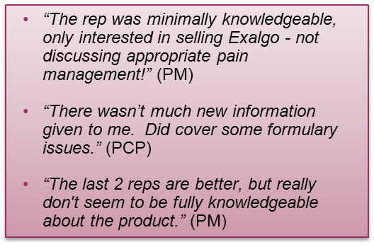 A text-based graphic with a pink background and black text. The text reads "The rep was minimally knowledgeable only interested in selling Exalgo - not discussing appropriate pain management! (PM)". <br /><br />There wasn't much new information given to me. Did cover some formal issues. (PCP)<br /><br />The last 2 reps are better but really don't seem to be fully knowledgeable about the product. (PM)." The text is written in a simple sans-serif font and is centered on the image.