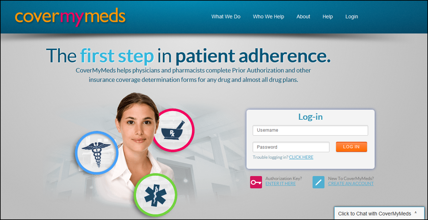 A screenshot of the homepage of a website called CoverMyMeds. The website has a blue and white color scheme with the title "The first step in patient adherence" at the top. Below the title there is a login form with fields for username and password. <br /><br />On the left side of the form there are three icons representing different aspects of the website - a doctor a nurse and a medical symbol. The doctor is wearing a white coat and has a stethoscope around her neck. The nurse is smiling and looking at the camera. The medical symbol is a blue cross with a white star in the center.<br /><br />At the bottom of the page there has a button that says "Log-in" and a link to the website's login page. There are also several other icons on the page that provide information about the website such as "What We Do" "Who We Help" "About" "Help" and "Login".