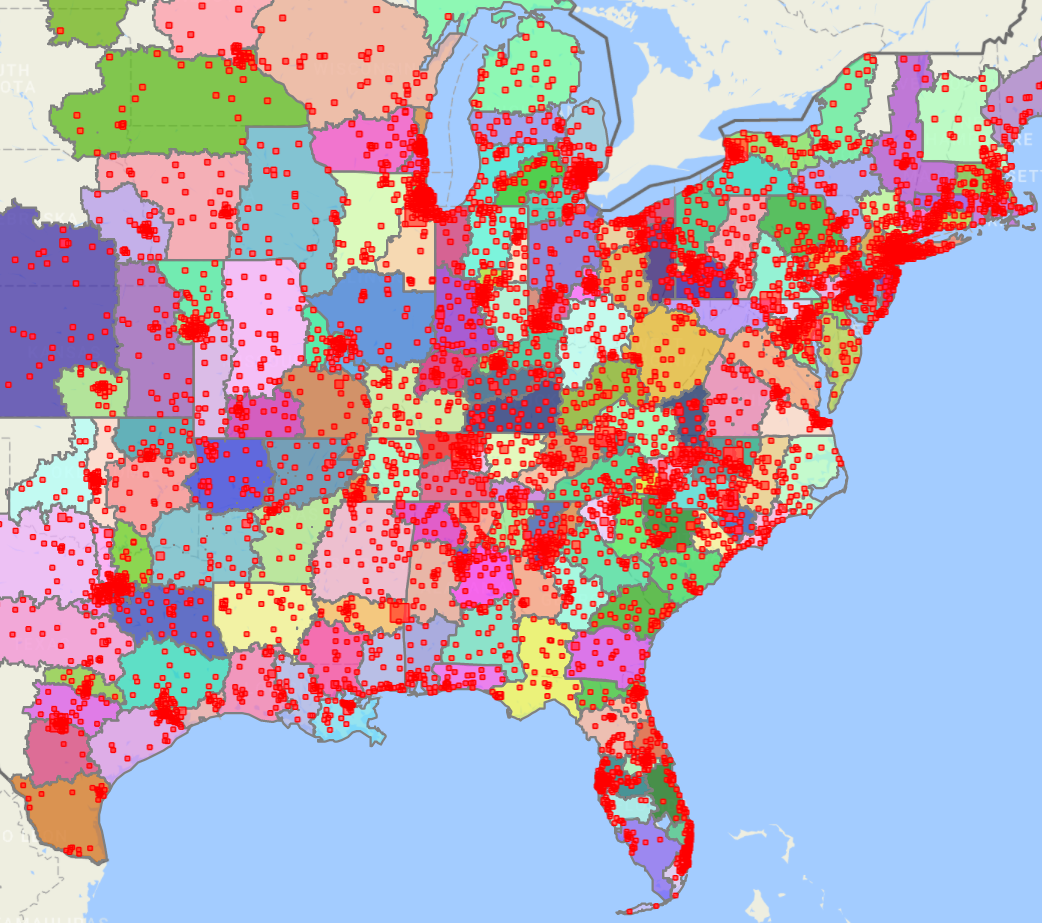 A map of the eastern half of United States of America. It shows the borders of different regions in and across states. The map is overlaid with dozens of red dots. There is no key indicating what the different regions or dots represent.