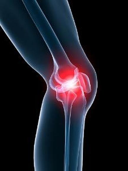 A 3D illustration of a human knee joint specifically the knee joint. The knee is shown in a blue color with the bones of the knee visible in the background. The joint appears to be in pain with a red spot in the center of the joint which is likely caused by a knee injury. The image is highly detailed showing the bones and ligaments in great detail. The background is black making the red spot stand out.