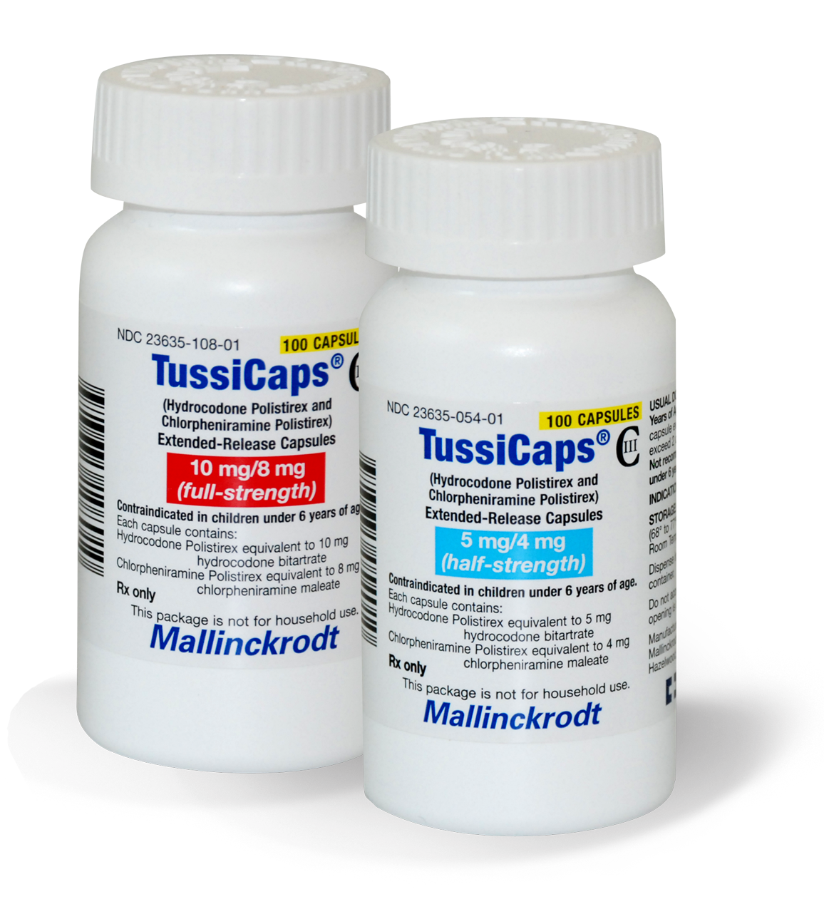 Two white plastic bottles with white caps. The bottles are labeled with the brand name "TussiCaps" and the product name "Mallinckrodt". The bottle on the left has a label that reads "10 mg/mg (full strength)". The label also mentions that the bottle contains 100 capsules. The bottle in the right has the same label as the one on the bottom. Both bottles appear to be new and unused. The background is black.