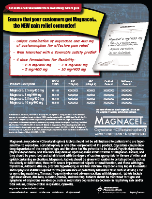 An advertisement for a product called Magnacet. The background of the image is black and the text is in white and yellow. The text reads "Ensure that your customers get Magnacet the new pain relief contender!" Below the text there is a list of the product's ingredients and nutritional information. <br /><br />The list includes:<br /><br />- Unique combination of oxycodone and 400 mg of acetaminophen for effective pain relief<br />- Well-tolerated with a favorable safety profile<br />- 2.5 mg/400 mg<br /><br />There is also a note on the right side of the advertisement that explains the product and its benefits.<br /><br />At the bottom of the ad there are two logos one for Magnacet and the other for the company. The Magnacet logo is a blue circle with a white outline and the company name is written in white text.