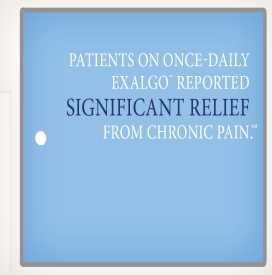 A square-shaped label with a light blue background. On the label there is white text that reads "Patients on once-daily Exalgo reported significant relief from chronic pain." The text is written in a bold sans-serif font and is centered on the label. The label appears to be made of a glossy material and has a small white dot on the left side.