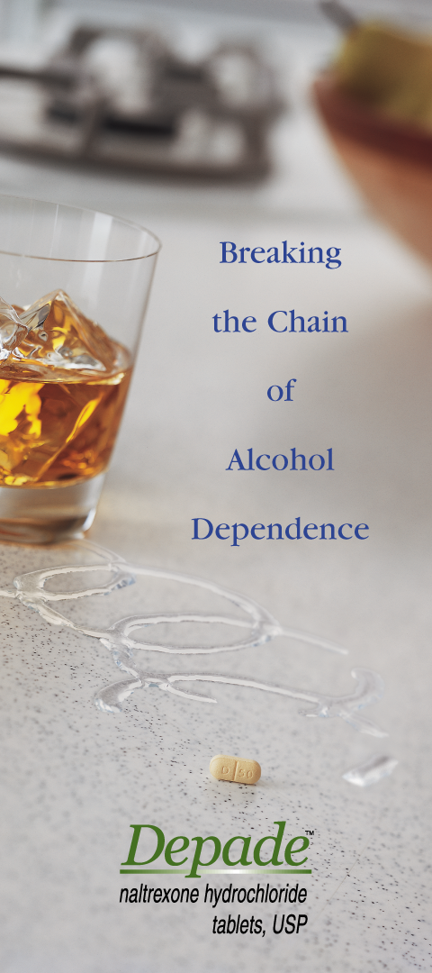 A glass of whiskey with ice cubes on a kitchen countertop. The glass is filled with a golden-brown liquid likely whiskey and there is a small white pill on the countertop next to it. The background is blurred but it appears to be a kitchen with a stove and a bowl of fruit. The image also has text that reads "Breaking the Chain of Alcohol Dependence" and "Depade naltrexone hydrochloride tablets USP".