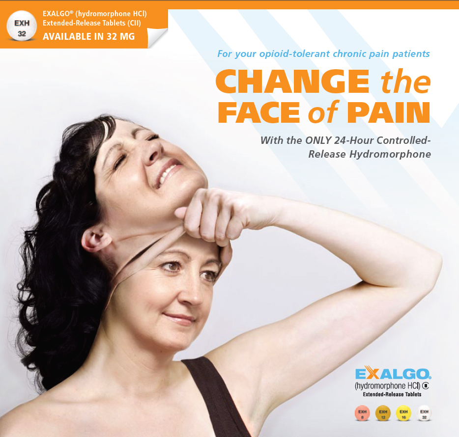 An advertisement for a product called "Change the Face of Pain". It features a young woman with dark hair smiling and looking up at the sky. She is holding her head with one hand and has her other hand resting on her neck. The background is white. The text on the image reads "For your opioid-tolerant chronic pain patients. With the only 24-hour controlled-release Hydromorphone." There is also a logo for the product on the bottom right corner. The advertisement also mentions that the product is available in 32 mg.