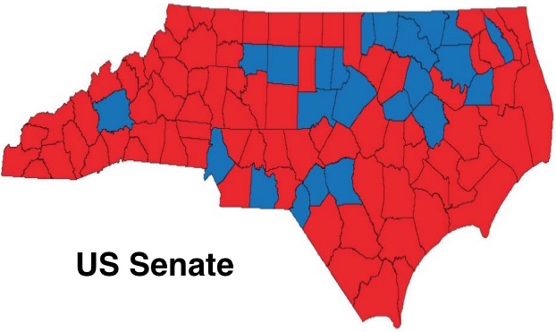 A map of North Carolina. It is titled "US Senate". The map shows what appears to be the borders of North Carolina's various counties. The map is color-coded with the various counties filled in with either red or blue. The background of the map is white.