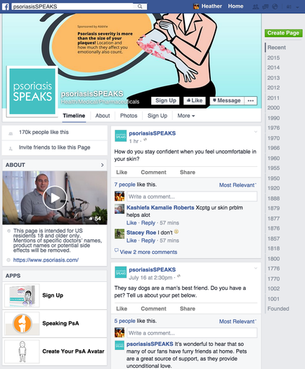 A screenshot of a Facebook page for a social media platform called Psoriasis Speaks. The page has a blue header with the company's logo and contact information at the top. Below the header there is a timeline of the page including the date time and location. On the right side of the image there are several links to the page's social media pages. The first link is for a profile picture of a person with a speech bubble above their head that reads "PsoriasisSPEAKS". The second link is a link to a conversation with a person who is speaking into a microphone. The third link is from a video call with a man in a suit and tie. The fourth link is about a conversation about the person speaking into the microphone. There are also several other links on the page such as "About" "Sign Up" "Share" and "Most Relevant". There is also a button to create a new avatar. The overall design of the webpage is modern and minimalist.