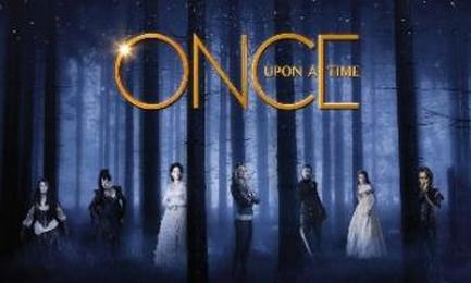 A movie poster for the film "Once Upon a Time". The background is a dark blue night sky with stars twinkling in the distance. The title of the film is written in large golden letters at the top of the poster. Below the title there is a large golden circle with the word "Once" written in a cursive font. In the center of the circle there are six silhouettes of the cast members of the movie all dressed in formal attire. The cast members are standing in a line facing the same direction with their arms around each other. The overall mood of the image is mysterious and suspenseful.