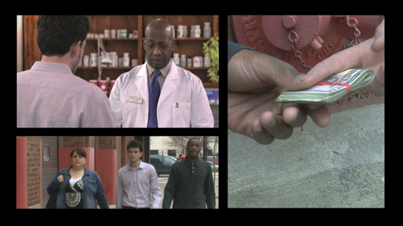 A collage of four different scenes. <br /><br />The first scene on the top left shows a man in a pink shirt standing in front of a pharmacy counter. He appears to be a pharmacist or a customer. He is wearing a white lab coat and has a name tag around his neck.<br /><br />In the middle of the image there is a man with a bald head and a serious expression on his face. He seems to be explaining something to the customer.<br />- The second scene in the top right shows a hand holding a stack of money. The hand is resting on a red fire hydrant. The background shows a brick building and a group of people walking on the street.