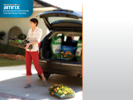 A young woman standing next to a car with the trunk open. She is holding a tray of flowers in her hand and appears to be loading them into the trunk. The car is parked on a driveway with a house in the background. The woman is wearing a white shirt and red pants and is smiling as she walks towards the car. There are several bags of groceries in the trunk including a bag of chips and a bunch of flowers. The image also has a blue banner on the top left corner that reads "amrix" and a logo for Amrix.