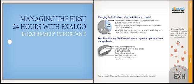 A slide from a presentation on managing the first 24 hours with Exalgo. The slide has a blue background with white text. On the left side of the slide there is a title that reads "Managing the First 24 Hours with EXALGO" in bold capital letters. Below the title there are two bullet points that explain the importance of the presentation. <br /><br />The first bullet point explains that the presentation is about managing the 24 hours after the initial dose of the eagle which is a type of medication used to treat the condition. The second bullet point discusses how the medication can be used to improve the overall health and wellbeing of the patient.<br /><br />On the right side the slide has an infographic that explains the different stages of the treatment and how it can help the patient maintain a healthy and well-maintained health. The infographic also includes a brief description of each stage and how they can help to reduce the risk of infection and improve overall health.