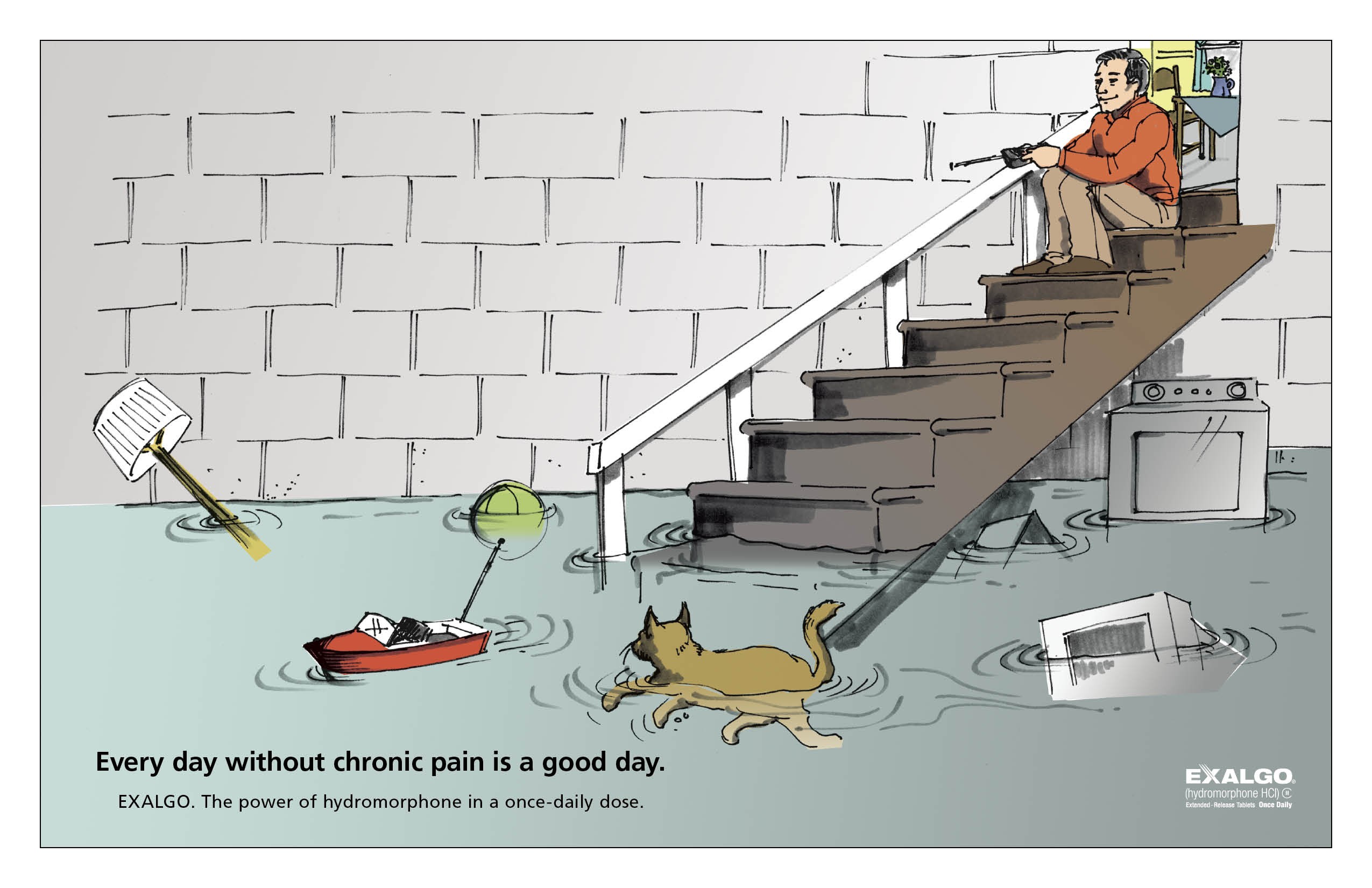 A cartoon illustration of a man sitting on a staircase with a broom in his hand. He is wearing an orange shirt and appears to be cleaning the stairs. The stairs are made of concrete and there is a brick wall on the left side of the image. On the right side there are two small boats floating on the water. One of the boats is red and the other is yellow. There is also a green ball floating in the water next to the stairs and a white trash can on the floor. The text above the image reads "Every day without chronic pain is a good day. EXALGO. The power of hydromorphone in a once-daily dose."