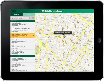 A screenshot of the mentor Pharmacy Finder app on an iPad. The app is displayed on a map of a city with various locations marked on it. On the left side of the screen there is a list of nearby pharmacies in New York City including Duane Reade C.O. below Chemists Inc. New London Pharmacy Rite Aid CVS SoHo Pharmacy and killer Chemists. The list is displayed in a grid-like format with a green background and white text. The top of the app has a navigation bar with options such as "Nearby" "A-Z" and "Next".