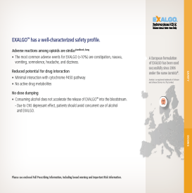 A screenshot of a webpage from the Exalgo website. The webpage is titled "Exalgo has a well-characterized safety profile". The page has a white background with black text. On the right side of the page there is a map of Europe in grey color. The map is divided into different sections each with a different color. <br /><br />On the left side there are three bullet points that explain the safety profile of the website. first bullet point explains that the website has a high level of safety second bullet point mentions that the company has a low level of risk third bullet point discusses the potential for drug interaction and fourth bullet point emphasizes the importance of reducing the risk of drug interactions.<br /><br />At the bottom of the image there has a link to the website's contact information page. The website's logo is also visible in the top right corner.