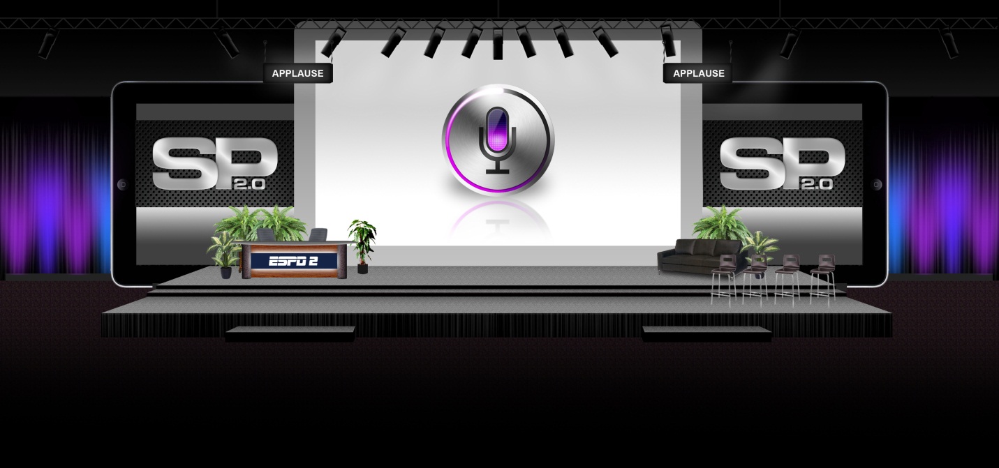 A stage with a large screen in the center. The screen displays the logo of a microphone with the letters "SP" on it. On either side of the screen there are two large screens displaying the same logo. The stage is decorated with plants and there is a podium with a microphone on it in front of the stage. The background is black with purple curtains on either side. The overall color scheme of the image is black and purple.