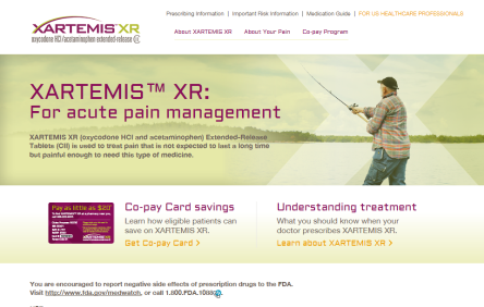 A screenshot of the homepage of a website called XARTEMIS XR. The website has a white background with a blue header and footer. The header has the company's logo and contact information at the top. Below the header there is a navigation bar with links to different sections of the website.<br /><br />The main content of the page is a photo of a man fishing on a lake. He is wearing a plaid shirt jeans and a cap and is holding a fishing rod in his right hand. The text on the page reads "XARTEMISM XR: For acute pain management" in bold black font. Below that there are two buttons - "Co-pay Card savings" and "Understanding treatment".<br /><br />On the left side of the image there has a purple banner with the company name and contact details. On the right side the page also has a link to a website for more information about the website and a button to learn more about the company.