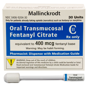 Of a box of Mallinckrodt Oral Transmucosal Fentanyl Citrate. The box is white with blue and yellow text. The text on the box states that the product is equivalent to 400 mcg fentanyl base and that it is a pharmacist-dispense with medication guide. There is also a warning label on the bottom right corner of the box that reads "Warning: Keep out of reach of children. Accidental ingestion of this medication by a child could be harmful or fatal. Read enclosed warnings and directions."