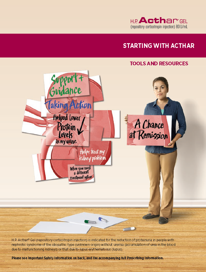 A young woman standing in front of a whiteboard with a pink background. She is holding a sign that reads "A Chance at Remission" in bold black letters. On the left side of the image there are several red and white posters with the words "Support Guidance" and "Taking Action" written on them. The posters are arranged in a grid-like pattern with each poster having a different message written on it. The woman is wearing a blue shirt and beige pants and is standing on a wooden floor. The image appears to be an advertisement for a product called "H.P. Acthar Gel".