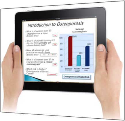 A person's hands holding an iPad with a presentation on the screen. The presentation is titled "Introduction to Osteoporosis" and has a title at the top that reads "National Screening Data". Below the title there is a bar graph that shows the percentage of women who have been diagnosed with osteoporosis. The graph is divided into three sections - the first section shows the number of women in each section the second section shows a bar chart and the third section shows two bars. On the left side of the screen there are several bullet points that explain the presentation. The first bullet point explains that women over 65 have a bone density test while the second and third bars show that women are more likely to have a higher risk of osteoarthritis. The fourth and fifth bars show a decrease in the risk of the disease with the highest risk being higher than the last. The background of the presentation is white and there is text at the bottom of the image.
