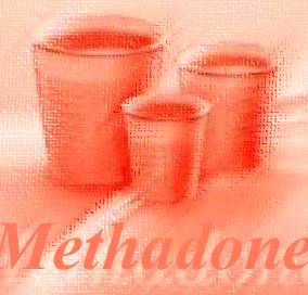 A digital art piece that appears to be a photograph of three glasses or cups. The glasses are arranged in a triangular formation with the largest glass in the center and two smaller glasses on either side. The background is a soft pink color and the glasses are outlined in black. The word "Methadone" is written in a cursive font in the bottom right corner of the image. The image has a textured abstract feel to it.