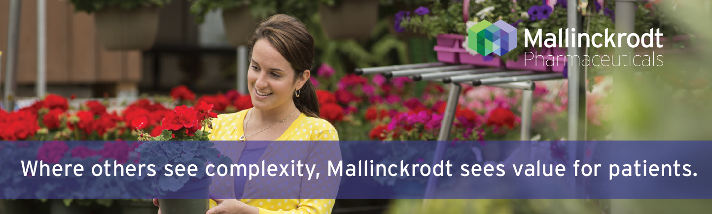 A young woman standing in a flower shop holding a bouquet of red and pink flowers. She is wearing a yellow top and has a smile on her face. The background is filled with colorful flowers and plants and there is a sign that reads "Mallinckrodt Pharmaceuticals" on the right side of the image. The image also has a blue banner at the bottom with the text "Where others see complexity Mallinckrodt sees value for patients."