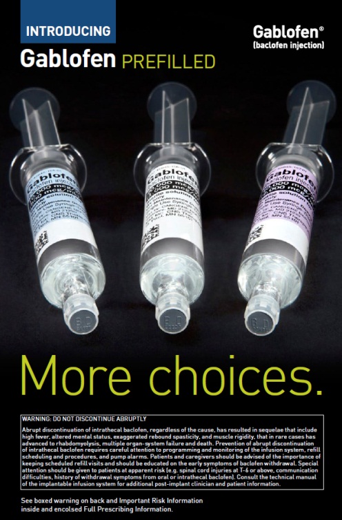 Three syringes of Gablofen Prefilled a type of injection. The syringes are arranged in a row with the first syringe on the left the middle syringe in the middle and the third syringe at the bottom. All three syringes have a clear plastic body with a black cap and a white label on the side. The label has the brand name and product name written in bold black letters. The background of the image is black and there is a warning label below the syringes that reads "More choices."