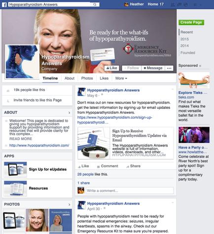 A screenshot of a Facebook page for a company called Hypothyroidism Answers. The page has a blue header with the company's logo and contact information. Below the header there is a photo of a woman with blonde hair and a blue background. She is smiling and holding up a sign that reads "Be ready for the what-ifs of hypothyroidism". On the left side of the page there are several tabs for different sections of the company including "About" "Sign Up for Updates" "Resources" and "Photos". On the right side there has a section for more information about the company and a button to sign up for updates. At the top right corner of the image there appears to be a "Create Page" button and a "Recent" button. There is also a "Sponsored" button on the top left corner.